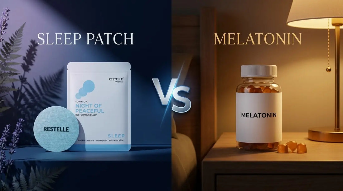 Sleep patch and melatonin gummies compared on a bedside table