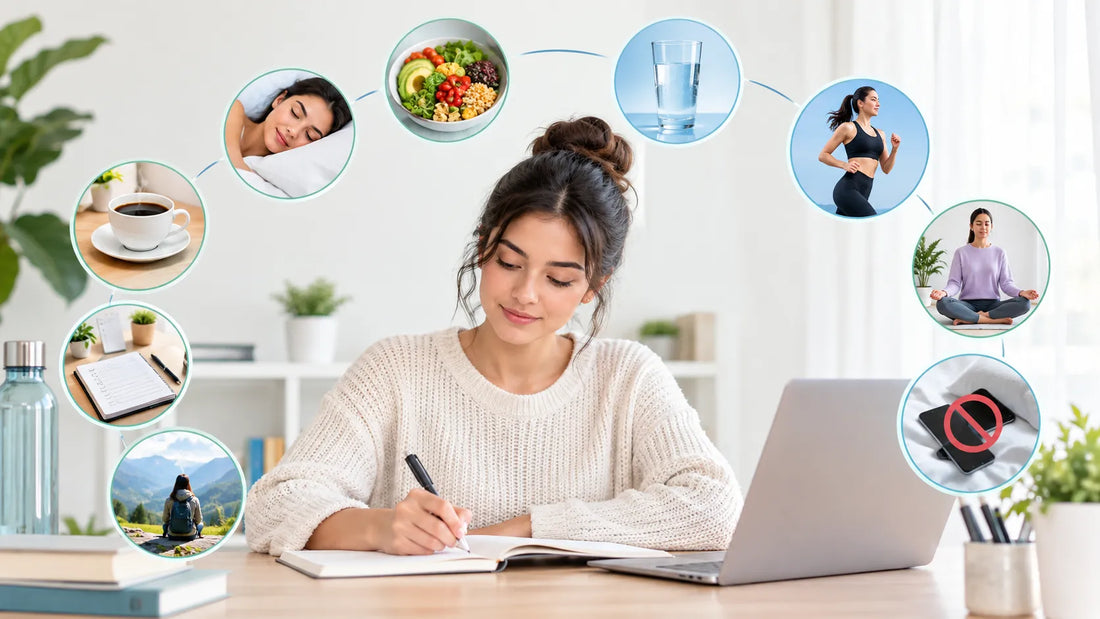 A young woman writing in a journal at her laptop surrounded by icons of healthy daily routines like exercise, meditation, hydration, and sleep