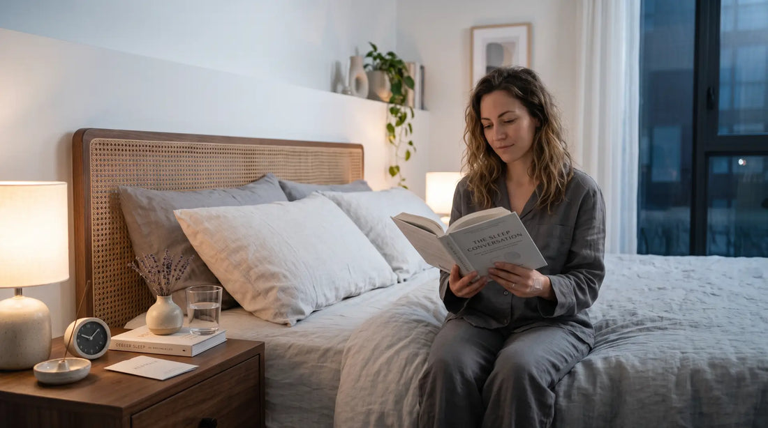 A woman in gray pajamas sitting on a neatly made bed and reading a book titled The Sleep Conversation under soft bedside lighting.
