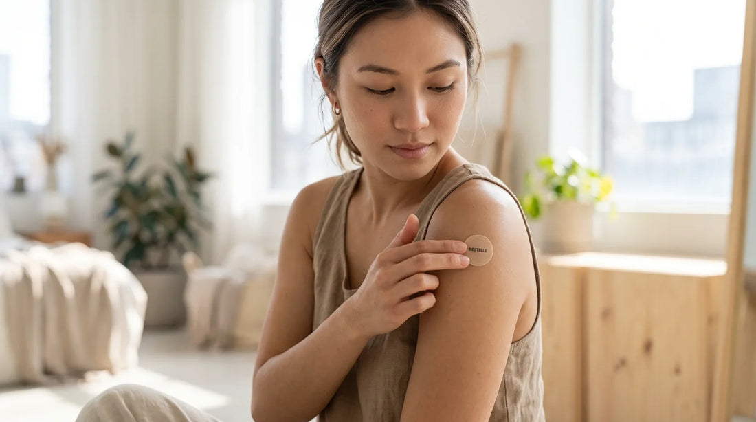 A young woman in a beige tank top applying a round beige Restelle wellness patch onto her upper arm in a brightly lit room.