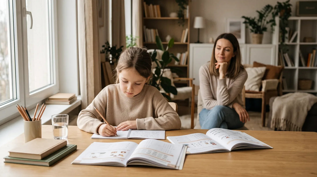 Mother Supervising Daughter Studying at Wooden Desk at Home
