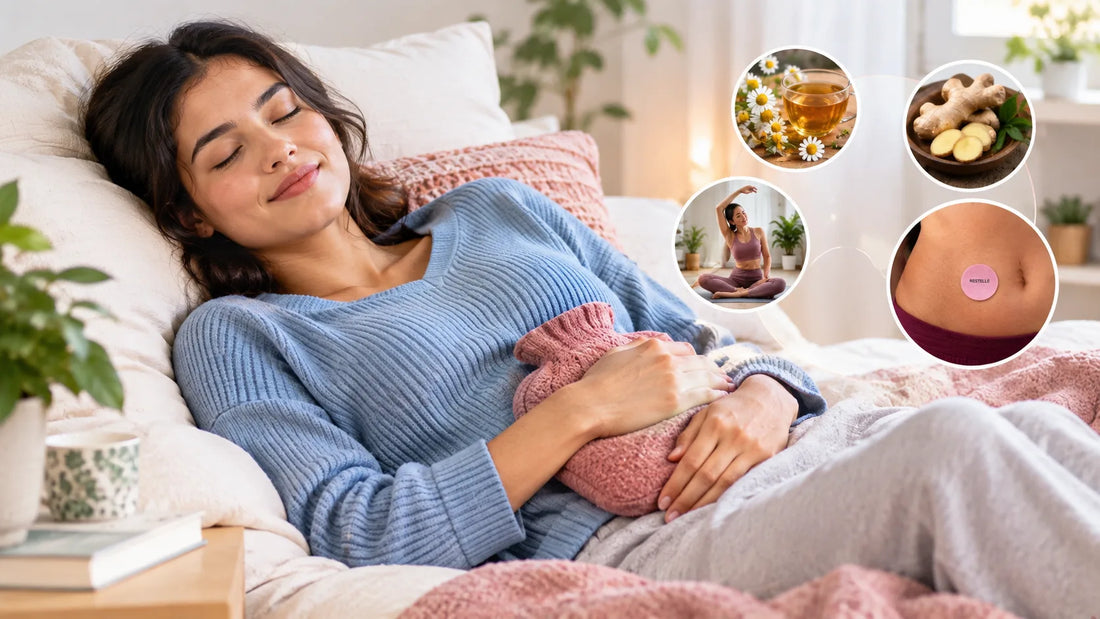 Woman resting comfortably in bed with a hot water bottle alongside circular insets showing chamomile tea, ginger, yoga, and a Restelle patch.