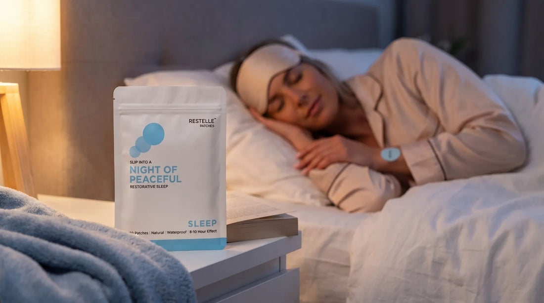 Restelle sleep patches on a nightstand with an open book, as a woman sleeps comfortably in bed wearing an eye mask and a patch on her wrist.