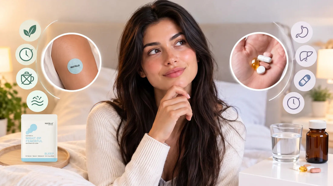 Thoughtful woman sitting in bed comparing Restelle sleep patches to oral sleep supplements, framed by product icons highlighting transdermal delivery versus digestive absorption.