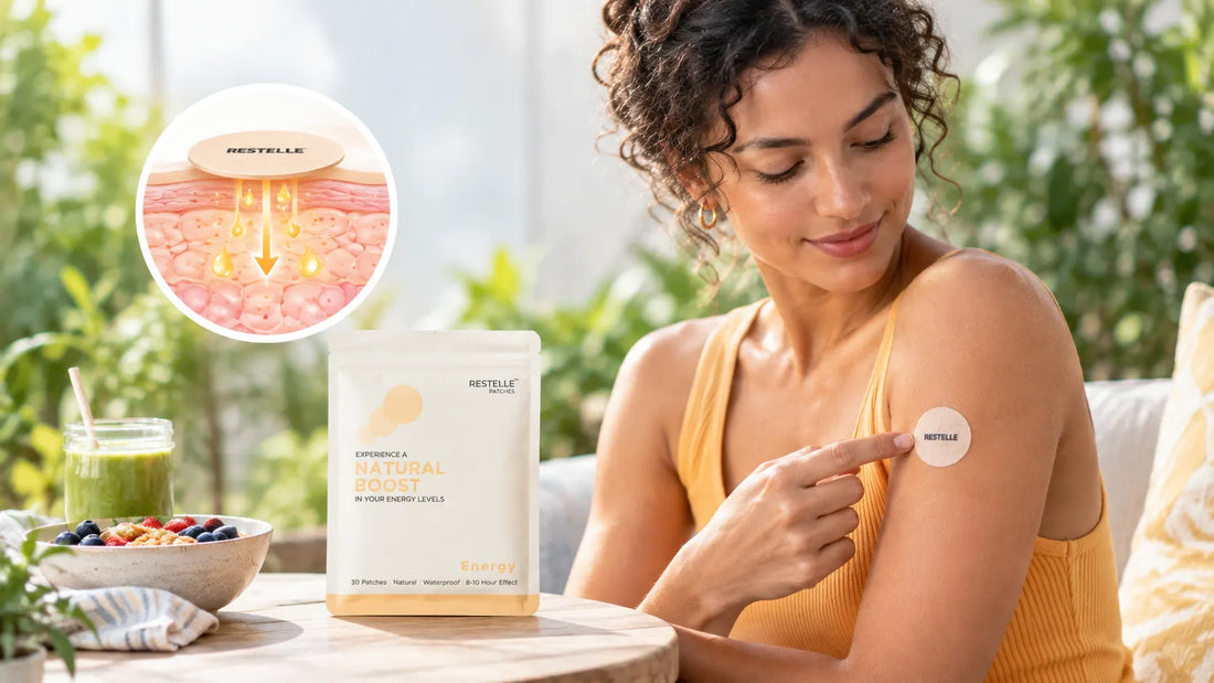 Woman wearing a Restelle energy patch with an inset graphic showing transdermal absorption through skin layers.
