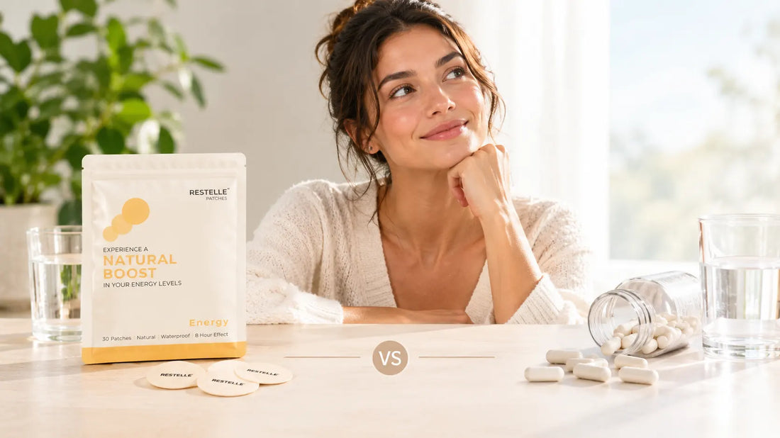 Split comparison featuring a pouch of Restelle energy patches beside loose patches, a smiling woman, and an overturned bottle of white supplement capsules.
