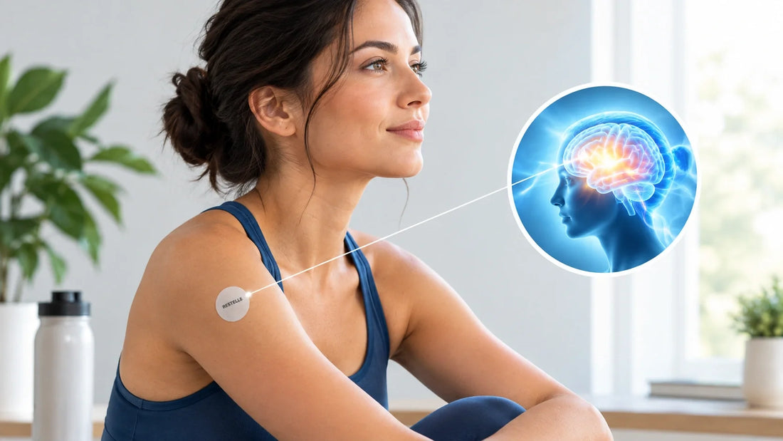 Woman with a brain infographic, pointing to a circular patch on her upper arm