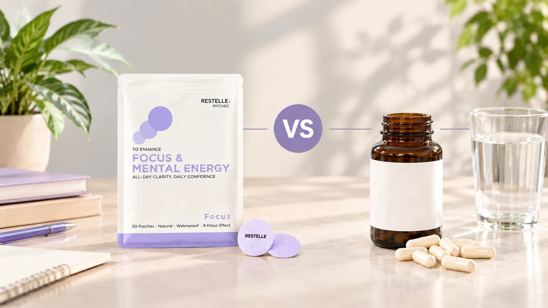 Restelle focus patches compared side-by-side with traditional supplement capsules and a water glass on a desk.
