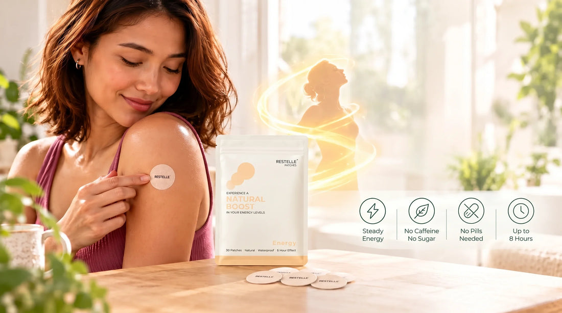 Woman applying a Restelle energy patch to her arm next to the product packaging and benefit icons for steady, caffeine-free energy.