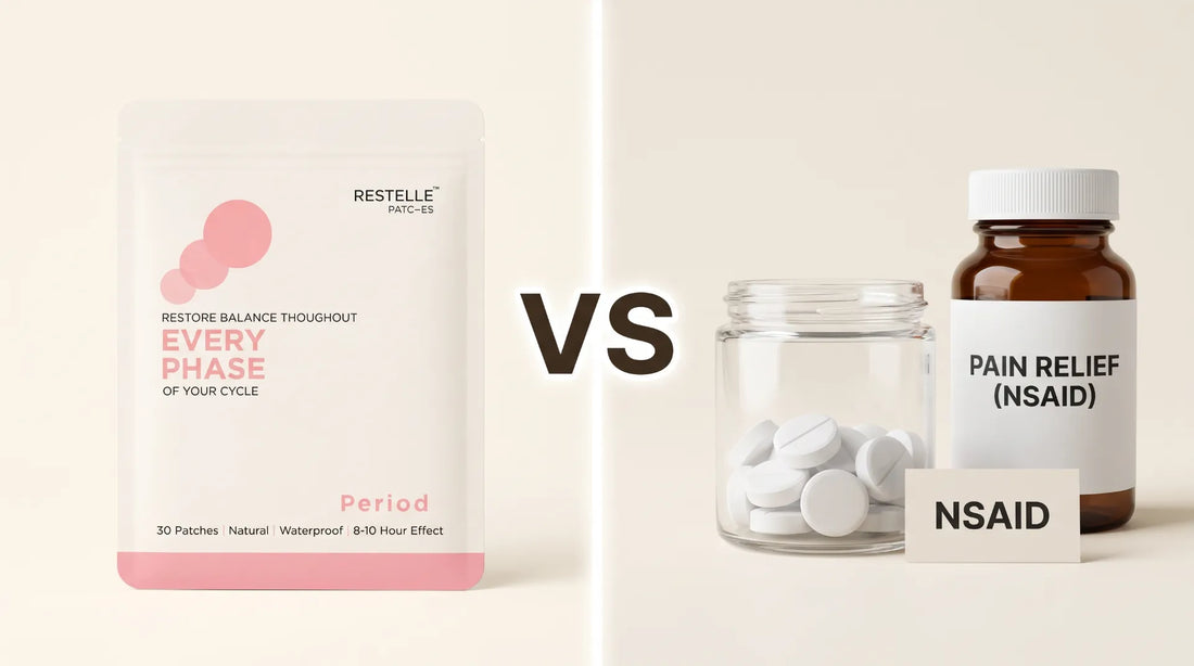 Side-by-side comparison of a Restelle natural period patch pouch next to an oral NSAID pain relief pill bottle and tablets.