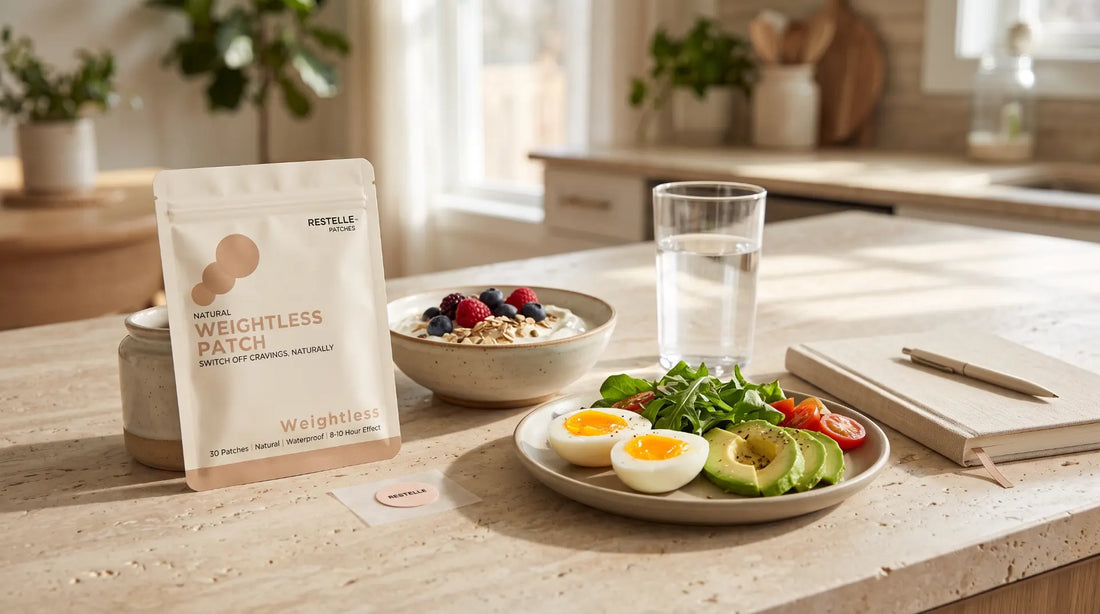 Restelle Weightless patch pouch and single patch on a kitchen counter next to boiled eggs, sliced avocado, yogurt, and water.