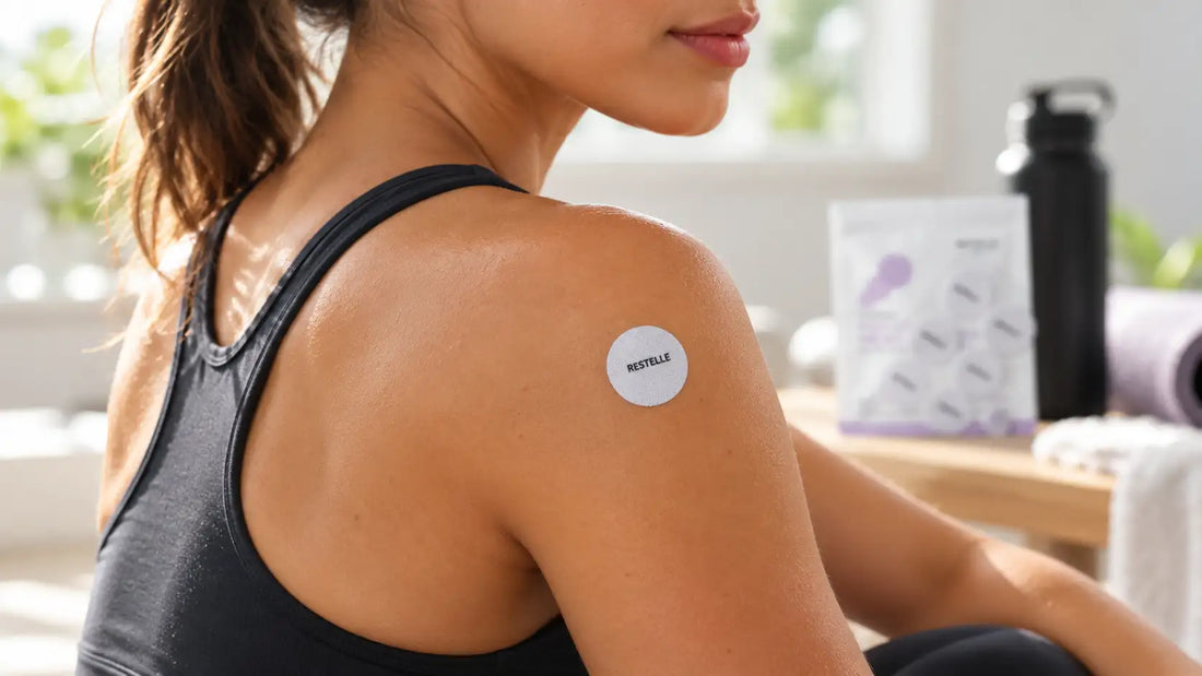 Woman in sportswear with a white Restelle focus patch on her shoulder sitting in a sunlit workout studio