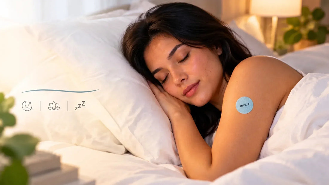 Woman sleeping soundly on white pillows with a light blue Restelle sleep patch on her upper arm, accompanied by sleep and relaxation line icons.