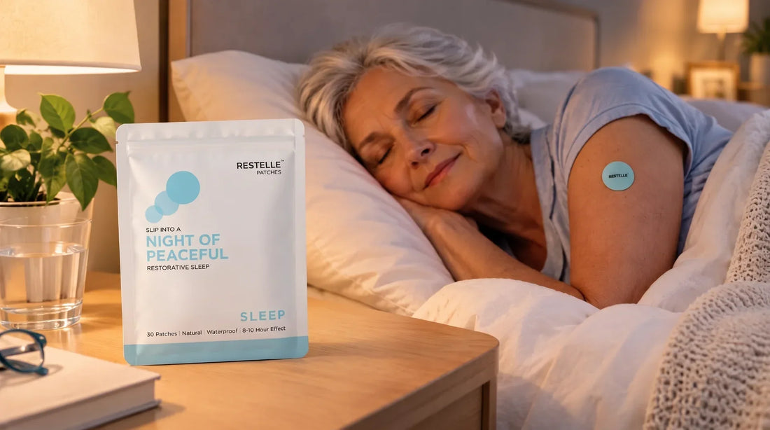 Mature woman sleeping peacefully in bed with a blue Restelle patch on her arm next to the Restelle sleep pouch and a warm bedside lamp.