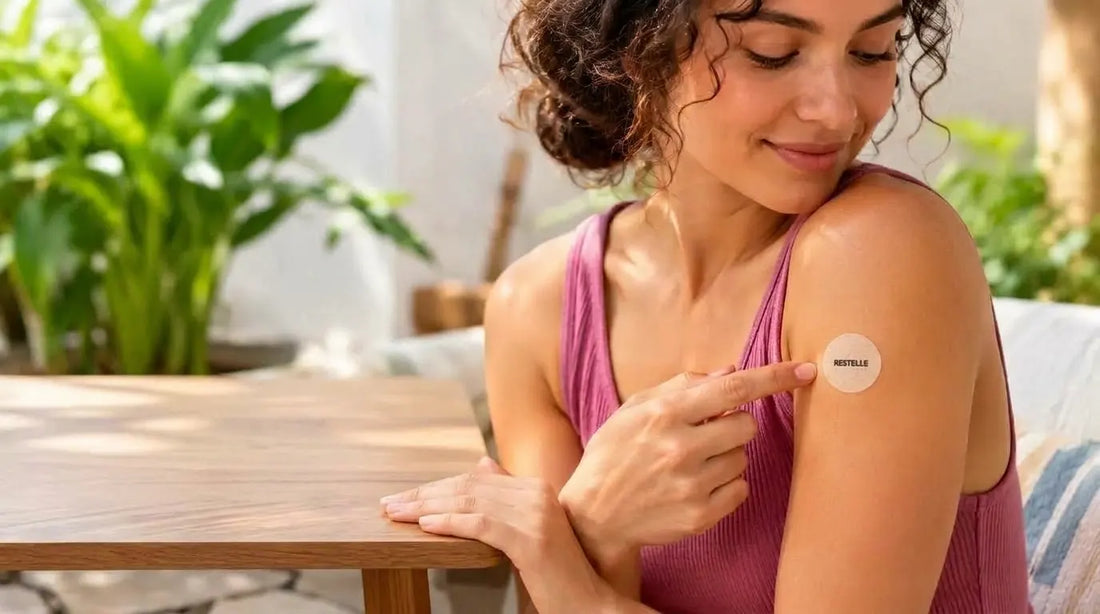 Smiling woman sitting outdoors at a wooden table, pointing to a round beige Restelle energy patch applied to her upper arm.