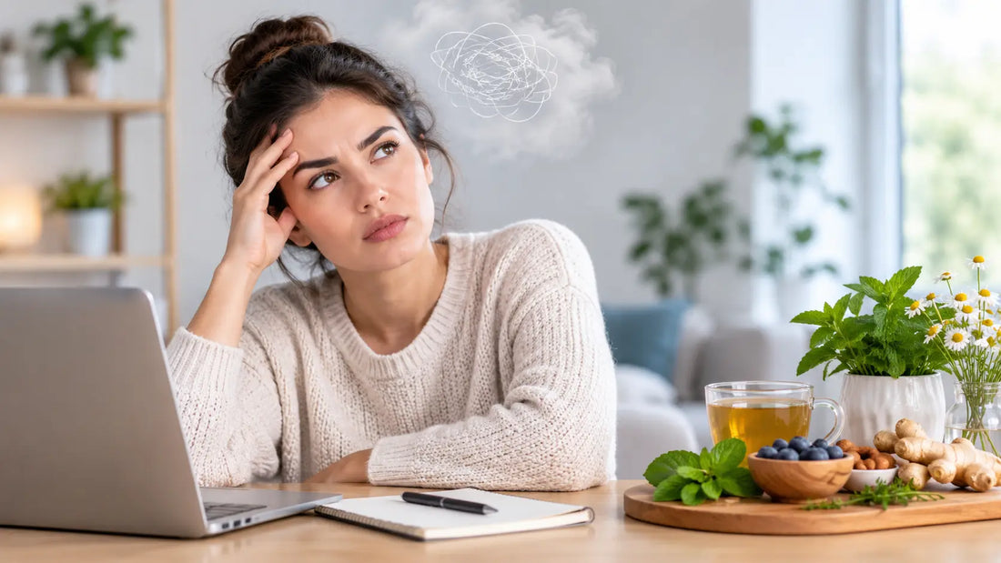 Stressed woman sitting at a desk with laptop, experiencing brain fog and mental fatigue beside herbal tea and snacks