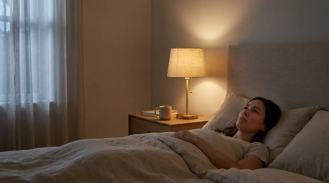 Woman lying awake in bed at night with insomnia