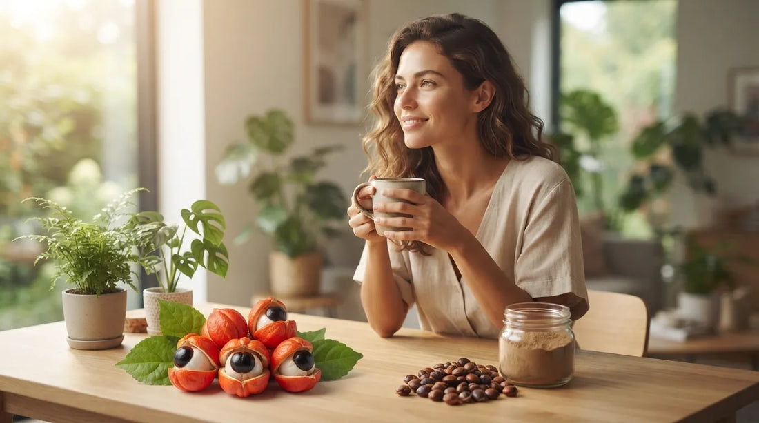 Woman sitting at a wooden table holding a warm beverage, accompanied by fresh guarana fruit, seeds, and a jar of natural guarana powder.