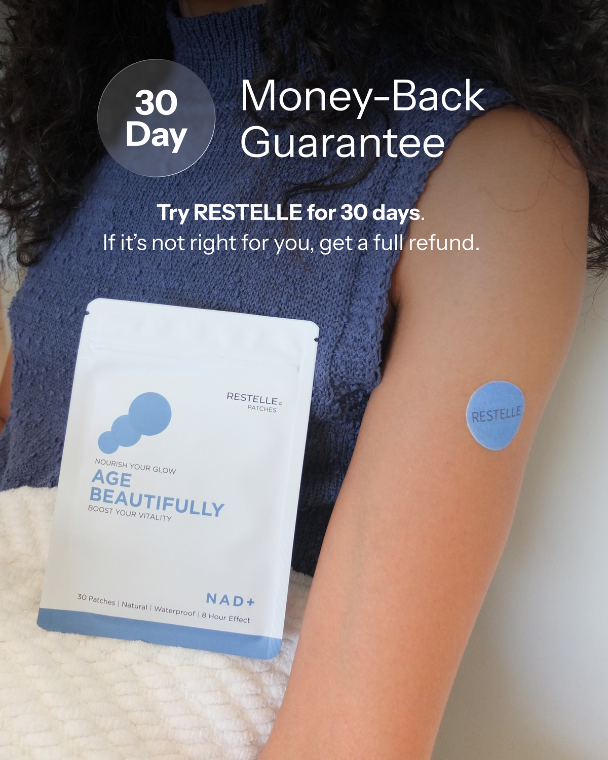 Woman wearing a blue Restelle NAD+ patch on her upper arm holding the product pouch with a 30-day money-back guarantee badge.