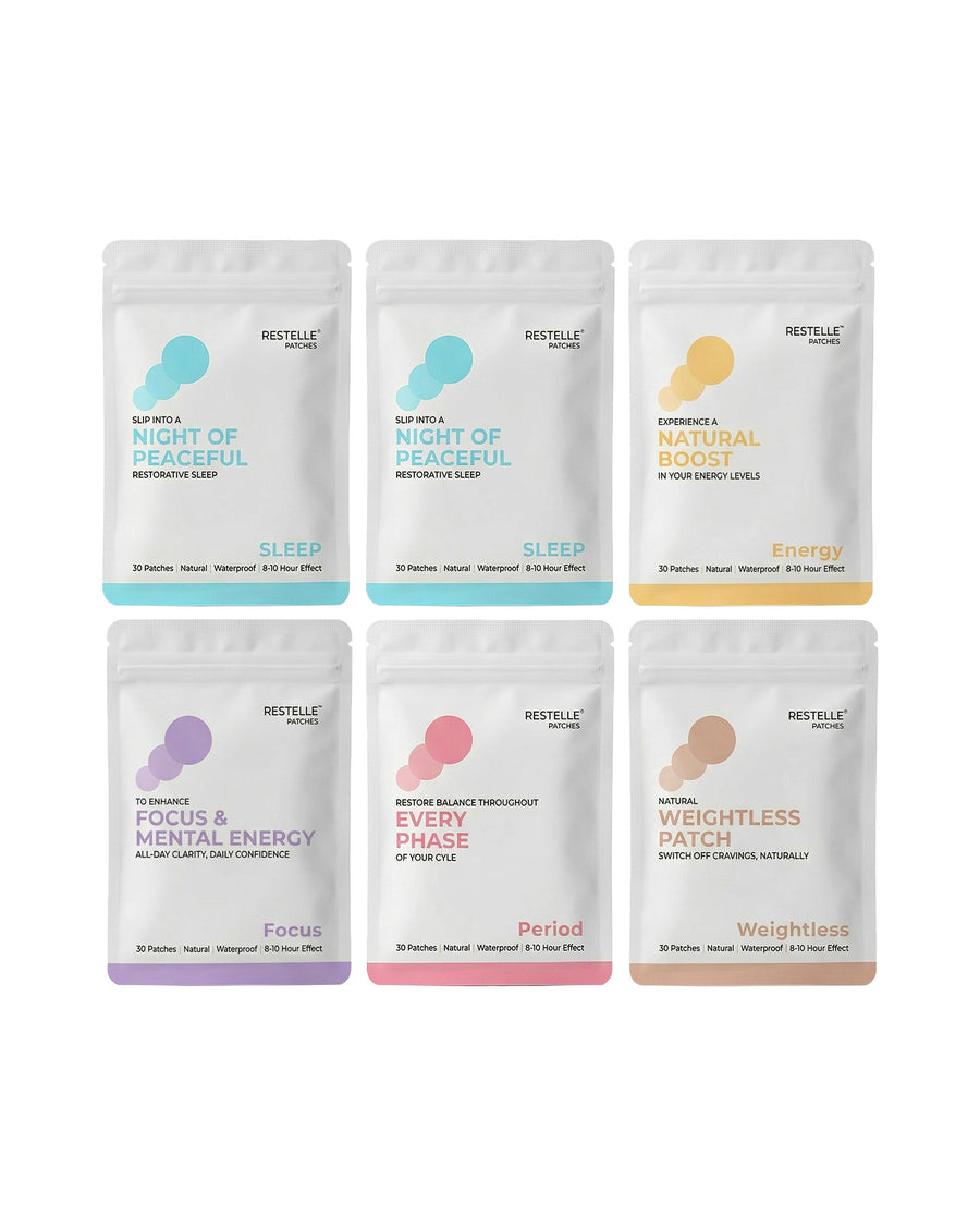 Set of six Restelle wellness patches pouches featuring two Sleep, one Energy, one Focus, one Period, and one Weightless patch