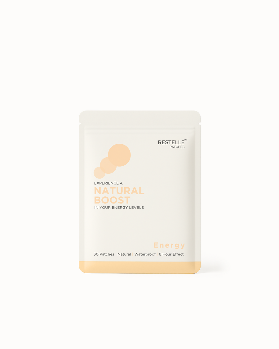 Restelle transdermal energy wellness patches pouch with 30 waterproof patches for daily energy boost.