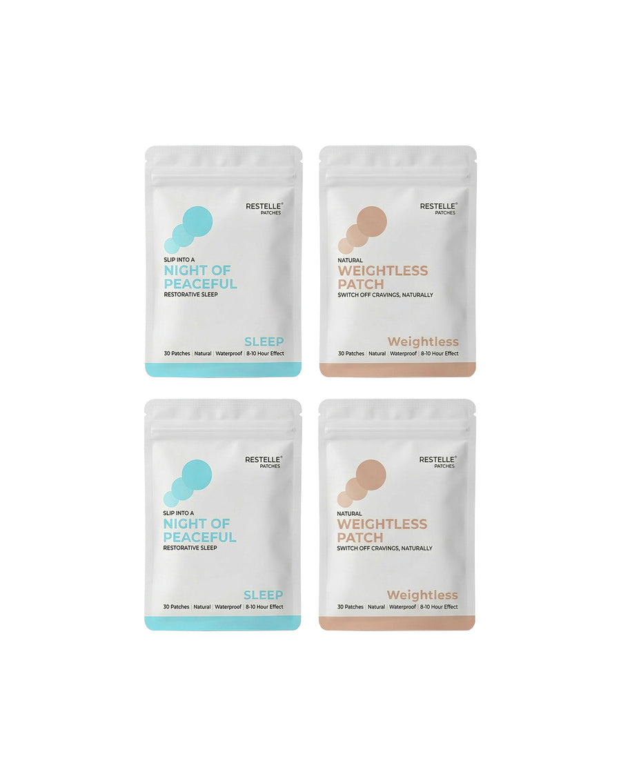  Four pouches of Restelle patches featuring two blue Sleep patches and two tan Weightless craving relief patches