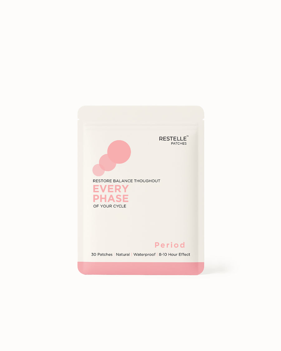 Restelle transdermal period relief patch packaging pouch for menstrual cycle support containing 30 natural waterproof patches.