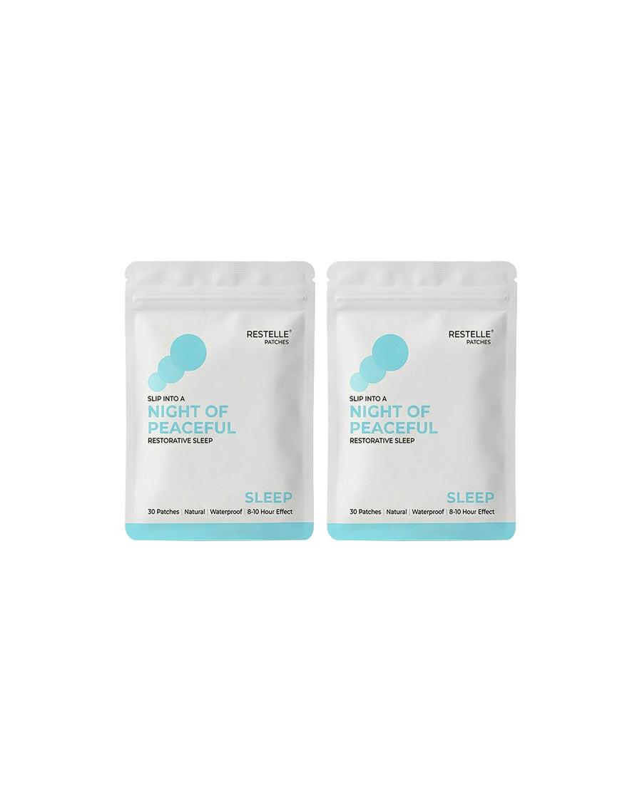 Two pouches of Restelle sleep patches for peaceful restorative sleep containing 30 natural waterproof patches each.