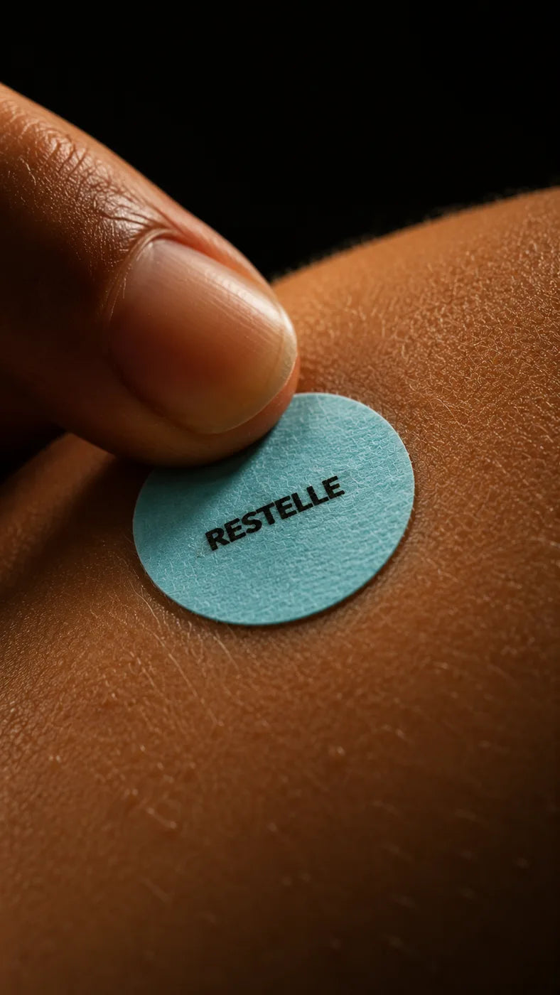 Close-up of a RESTELLE patch being applied to the skin