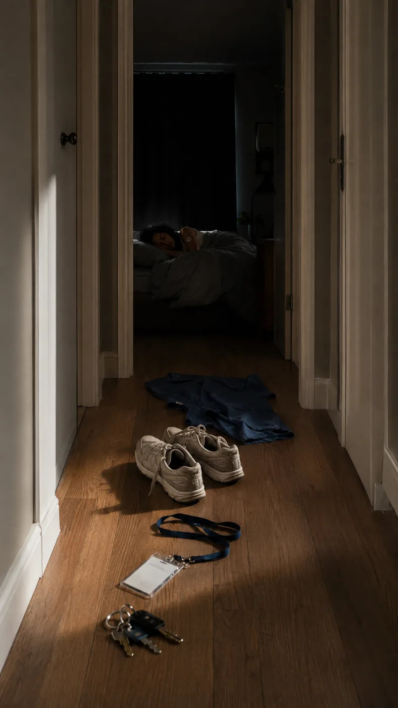 Shoes, lanyard, and keys left in a hallway as a night shift worker sleeps in the next room