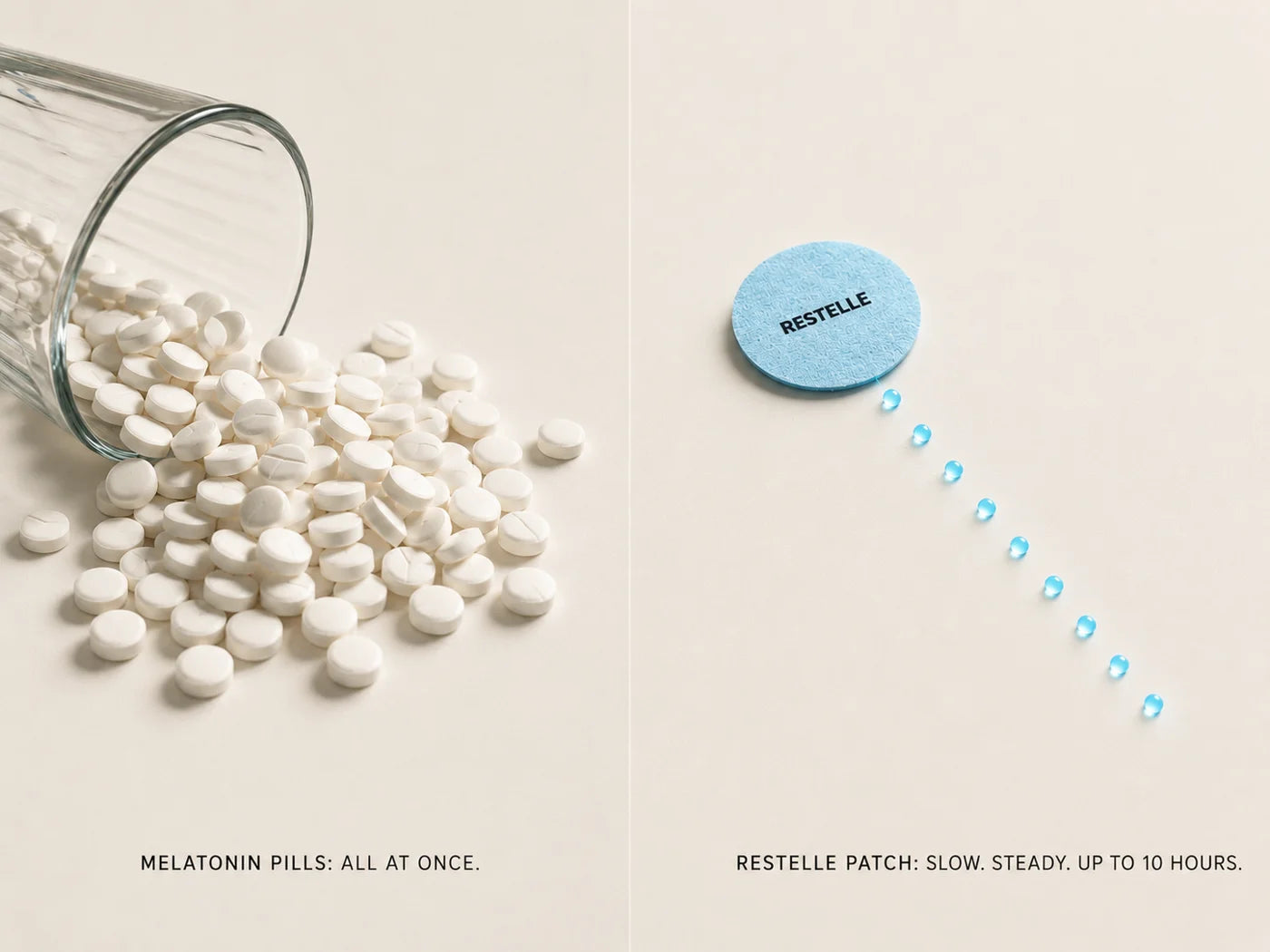 A bottle of pills dumped into a glass at once next to a single slow drip into a clear glass