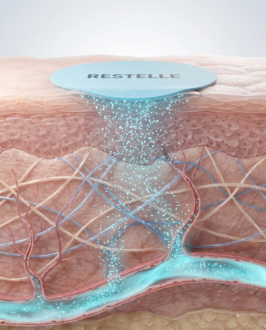 Cross-section render showing the RESTELLE patch releasing ingredients through the skin