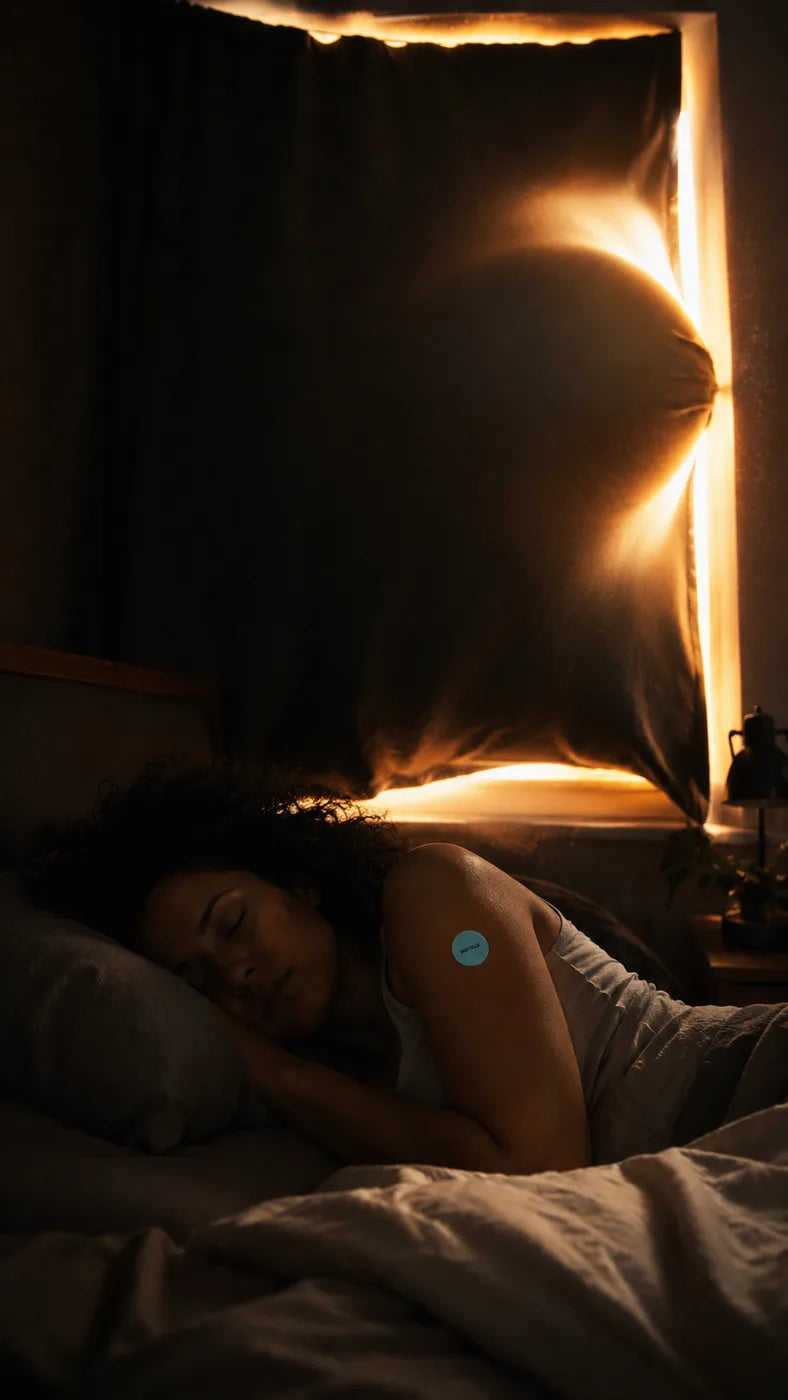 Sunlight blazing behind a blackout curtain while a woman sleeps wearing a RESTELLE patch