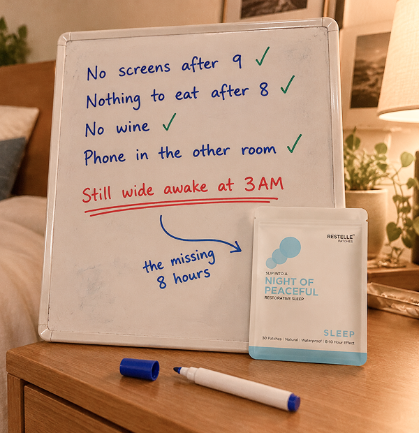 Sleep pills last around 3 hours; Restelle Sleep Patch works for 8–10 hours. Illustration only, not clinical data.